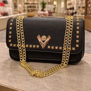 Valentino Orlandi Black Leather Chain Shoulder Bag with Gold Studs